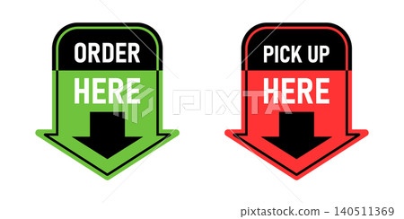 Order here and pick up here icon in flat style. Restaurant poster vector illustration on isolated background. Signboard sign business concept. Order here and pick up here icon in flat style. Restaurant poster vector illustration on isolated background. Signboard sign business concept. 140511369