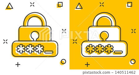 Login icon in comic style. Password access cartoon vector illustration on white isolated background. Padlock entry splash effect business concept. Login icon in comic style. Password access cartoon vector illustration on white isolated background. Padlock entry splash effect business concept. 140511462