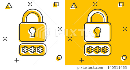 Login icon in comic style. Password access cartoon vector illustration on white isolated background. Padlock entry splash effect business concept. Login icon in comic style. Password access cartoon vector illustration on white isolated background. Padlock entry splash effect business concept. 140511463