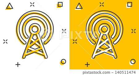 Antenna tower icon in comic style. Broadcasting cartoon vector illustration on white isolated background. Wifi splash effect business concept. Antenna tower icon in comic style. Broadcasting cartoon vector illustration on white isolated background. Wifi splash effect business concept. 140511474