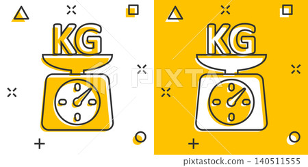 Scale icon in comic style. Kilogram dumbbell cartoon vector illustration on white isolated background. Gym splash effect business concept. 140511555