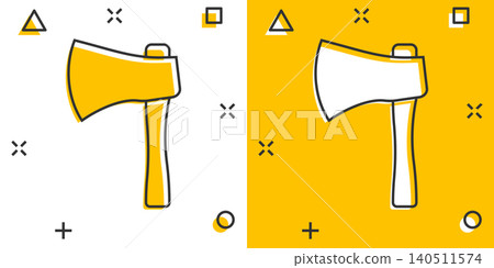 Axe icon in comic style. Lumberjack cartoon vector illustration on white isolated background. Blade splash effect business concept. Axe icon in comic style. Lumberjack cartoon vector illustration on white isolated background. Blade splash effect business concept. 140511574