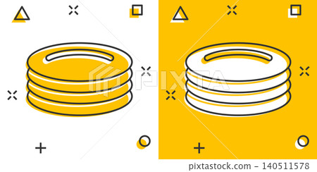 Plate icon in comic style. Dish cartoon vector illustration on white isolated background. Tableware splash effect business concept. 140511578