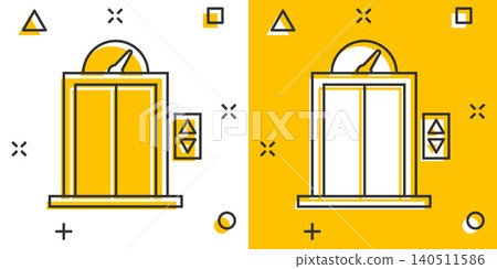 Elevator icon in comic style. Lift cartoon vector illustration on white isolated background. Passenger transportation splash effect business concept. Elevator icon in comic style. Lift cartoon vector illustration on white isolated background. Passenger transportation splash effect business concept. 140511586