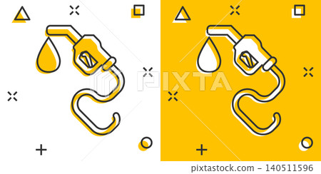Fuel pump icon in comic style. Gas station cartoon sign vector illustration on white isolated background. Petrol splash effect business concept. Fuel pump icon in comic style. Gas station cartoon sign vector illustration on white isolated background. Petrol splash effect business concept. 140511596