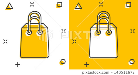 Shopping bag icon in comic style. Handbag cartoon sign vector illustration on white isolated background. Package splash effect business concept. Shopping bag icon in comic style. Handbag cartoon sign vector illustration on white isolated background. Package splash effect business concept. 140511672
