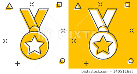 Medal icon in comic style. Prize cartoon sign vector illustration on white isolated background. Trophy award splash effect business concept. Medal icon in comic style. Prize cartoon sign vector illustration on white isolated background. Trophy award splash effect business concept. 140511685