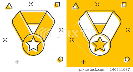 Medal icon in comic style. Prize cartoon sign vector illustration on white isolated background. Trophy award splash effect business concept. Medal icon in comic style. Prize cartoon sign vector illustration on white isolated background. Trophy award splash effect business concept. 140511687