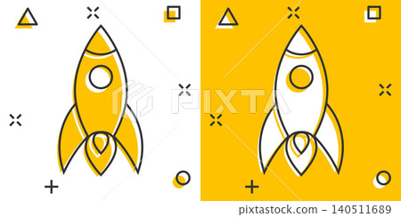 Rocket icon in comic style. Spaceship launch cartoon vector illustration on white isolated background. Sputnik splash effect business concept. Rocket icon in comic style. Spaceship launch cartoon vector illustration on white isolated background. Sputnik splash effect business concept. 140511689