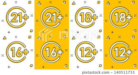 12, 16, 18, 21 plus icon in comic style. Censorship cartoon vector illustration on white isolated background. Censored splash effect business concept. 140511733