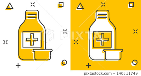 Pill bottle icon in comic style. Drugs cartoon vector illustration on white isolated background. Pharmacy splash effect business concept. Pill bottle icon in comic style. Drugs cartoon vector illustration on white isolated background. Pharmacy splash effect business concept. 140511749