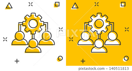 Business training icon in comic style. Gear with people cartoon vector illustration on white isolated background. Employee management splash effect concept. Business training icon in comic style. Gear with people cartoon vector illustration on white isolated background. Employee management splash effect concept. 140511813