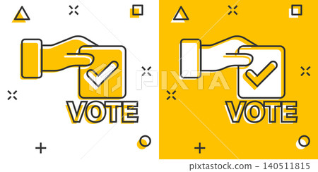 Vote icon in comic style. Ballot box cartoon vector illustration on white isolated background. Election splash effect business concept. Vote icon in comic style. Ballot box cartoon vector illustration on white isolated background. Election splash effect business concept. 140511815