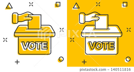 Vote icon in comic style. Ballot box cartoon vector illustration on white isolated background. Election splash effect business concept. Vote icon in comic style. Ballot box cartoon vector illustration on white isolated background. Election splash effect business concept. 140511816