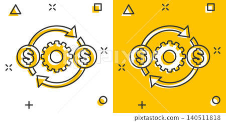 Money optimization icon in comic style. Gear effective cartoon vector illustration on white isolated background. Finance process splash effect business concept. Money optimization icon in comic style. Gear effective cartoon vector illustration on white isolated background. Finance process splash effect business concept. 140511818