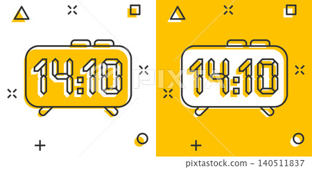 Clock sign icon in comic style. Time management vector cartoon illustration on white isolated background. Timer business concept splash effect. 140511837