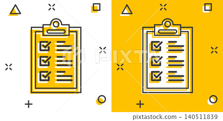Checklist clipboard sign icon in comic style. Document list vector cartoon illustration on white isolated background. Questionnaire notepad business concept splash effect. 140511839