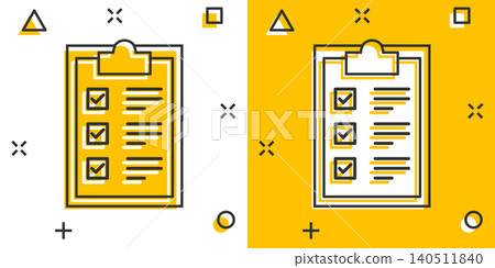 Checklist clipboard sign icon in comic style. Document list vector cartoon illustration on white isolated background. Questionnaire notepad business concept splash effect. Checklist clipboard sign icon in comic style. Document list vector cartoon illustration on white isolated background. Questionnaire notepad business concept splash effect. 140511840