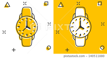 Wrist watch icon in comic style. Hand clock cartoon vector illustration on white isolated background. Time bracelet splash effect business concept. Wrist watch icon in comic style. Hand clock cartoon vector illustration on white isolated background. Time bracelet splash effect business concept. 140511880