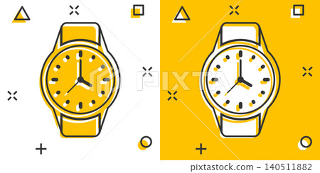 Wrist watch icon in comic style. Hand clock cartoon vector illustration on white isolated background. Time bracelet splash effect business concept. Wrist watch icon in comic style. Hand clock cartoon vector illustration on white isolated background. Time bracelet splash effect business concept. 140511882