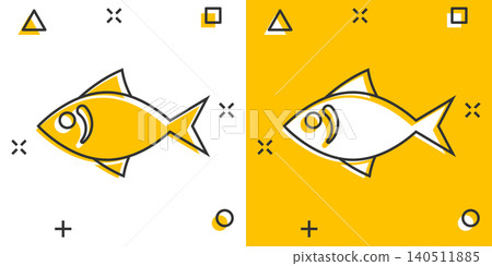 Fish icon in comic style. Seafood cartoon vector illustration on white isolated background. Sea animal splash effect business concept. Fish icon in comic style. Seafood cartoon vector illustration on white isolated background. Sea animal splash effect business concept. 140511885