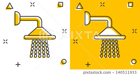 Shower sign icon in comic style. Bathroom water device vector cartoon illustration on white isolated background. Wash business concept splash effect. Shower sign icon in comic style. Bathroom water device vector cartoon illustration on white isolated background. Wash business concept splash effect. 140511933