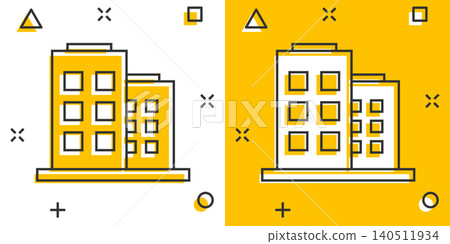 Office building sign icon in comic style. Apartment vector cartoon illustration on white isolated background. Architecture business concept splash effect. Office building sign icon in comic style. Apartment vector cartoon illustration on white isolated background. Architecture business concept splash effect. 140511934
