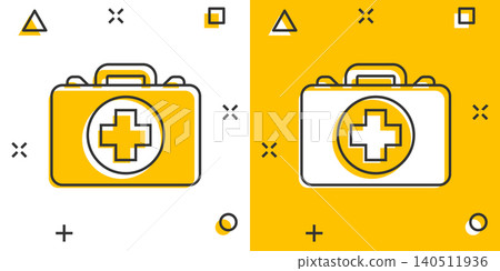 Hospital building icon in comic style. Infirmary vector cartoon illustration on white isolated background. Medical ambulance business concept splash effect. 140511936