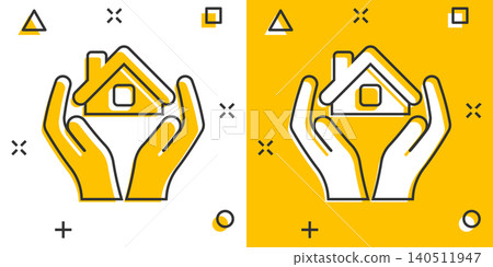 Home care icon in comic style. Hand hold house vector cartoon illustration on white isolated background. Building quality business concept splash effect. Home care icon in comic style. Hand hold house vector cartoon illustration on white isolated background. Building quality business concept splash effect. 140511947