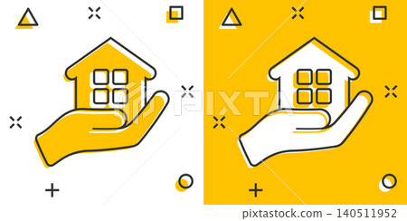 Home care icon in comic style. Hand hold house vector cartoon illustration on white isolated background. Building quality business concept splash effect. 140511952