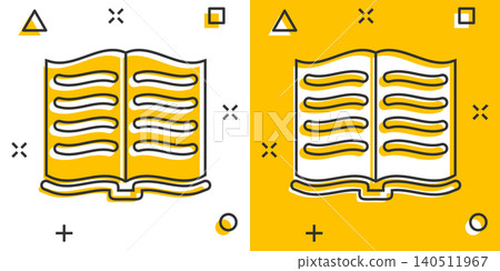 Open book icon in comic style. Literature vector cartoon illustration on white isolated background. Library business concept splash effect. Open book icon in comic style. Literature vector cartoon illustration on white isolated background. Library business concept splash effect. 140511967