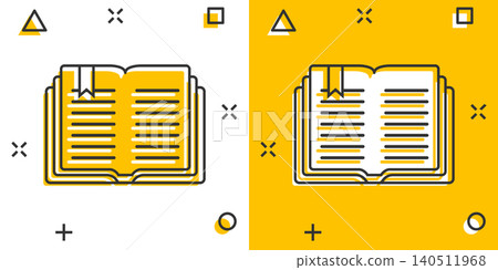 Open book icon in comic style. Literature vector cartoon illustration on white isolated background. Library business concept splash effect. Open book icon in comic style. Literature vector cartoon illustration on white isolated background. Library business concept splash effect. 140511968