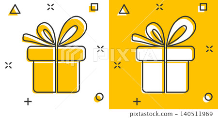 Gift box icon in comic style. Present package vector cartoon illustration on white isolated background. Surprise business concept splash effect. Gift box icon in comic style. Present package vector cartoon illustration on white isolated background. Surprise business concept splash effect. 140511969