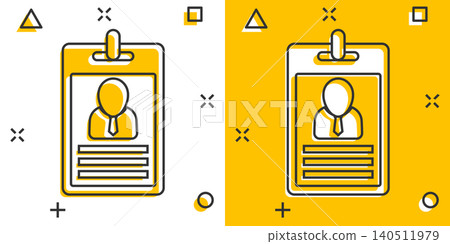 Id card icon in comic style. Identity tag vector cartoon illustration on white isolated background. Driver licence business concept splash effect. Id card icon in comic style. Identity tag vector cartoon illustration on white isolated background. Driver licence business concept splash effect. 140511979