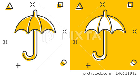 Umbrella icon in comic style. Parasol vector cartoon illustration on white isolated background. Umbel business concept splash effect. 140511982