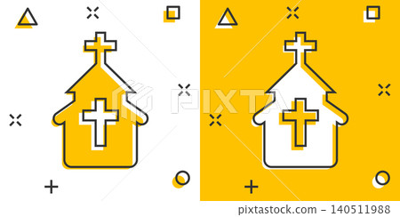 Church icon in comic style. Chapel vector cartoon illustration on white isolated background. Religious building business concept splash effect. Church icon in comic style. Chapel vector cartoon illustration on white isolated background. Religious building business concept splash effect. 140511988