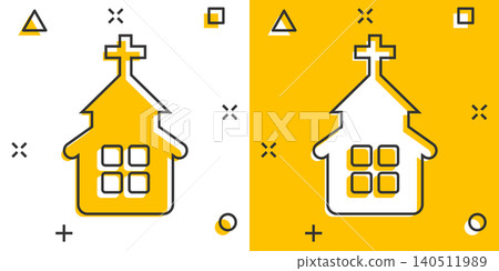 Church icon in comic style. Chapel vector cartoon illustration on white isolated background. Religious building business concept splash effect. Church icon in comic style. Chapel vector cartoon illustration on white isolated background. Religious building business concept splash effect. 140511989