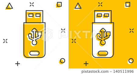 Usb drive icon in comic style. Flash disk vector cartoon illustration on white isolated background. Digital memory splash effect business concept. 140511996