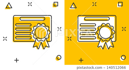 Certificate icon in comic style. License badge vector cartoon illustration on white isolated background. Winner medal splash effect business concept. Certificate icon in comic style. License badge vector cartoon illustration on white isolated background. Winner medal splash effect business concept. 140512066