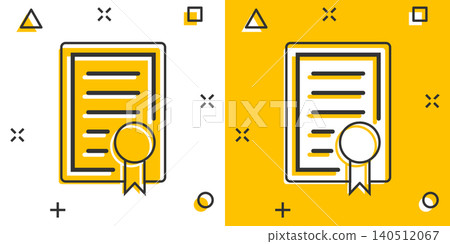 Certificate icon in comic style. License badge vector cartoon illustration on white isolated background. Winner medal splash effect business concept. Certificate icon in comic style. License badge vector cartoon illustration on white isolated background. Winner medal splash effect business concept. 140512067