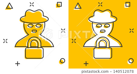 Fraud hacker icon in comic style. Spy cartoon vector illustration on isolated background. Cyber defend splash effect business concept. Fraud hacker icon in comic style. Spy cartoon vector illustration on isolated background. Cyber defend splash effect business concept. 140512078