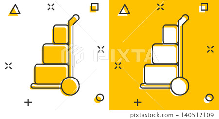 Cargo trolley icon in comic style. Delivery box cartoon vector illustration on white isolated background. Box shipping splash effect business concept. Cargo trolley icon in comic style. Delivery box cartoon vector illustration on white isolated background. Box shipping splash effect business concept. 140512109