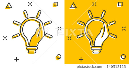 Lightbulb in hand icon in comic style. Bulb cartoon vector illustration on white isolated background. Lamp splash effect business concept. Lightbulb in hand icon in comic style. Bulb cartoon vector illustration on white isolated background. Lamp splash effect business concept. 140512113