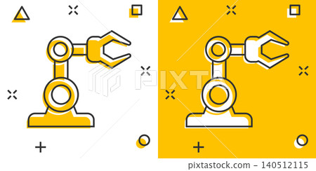 Robot arm icon in comic style. Mechanic manipulator cartoon vector illustration on white isolated background. Machine splash effect business concept. Robot arm icon in comic style. Mechanic manipulator cartoon vector illustration on white isolated background. Machine splash effect business concept. 140512115