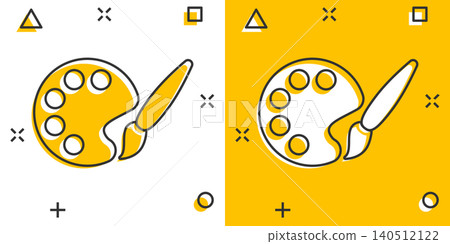 Paint brush icon in comic style. Palette cartoon vector illustration on white isolated background. Painter instrument splash effect business concept. Paint brush icon in comic style. Palette cartoon vector illustration on white isolated background. Painter instrument splash effect business concept. 140512122