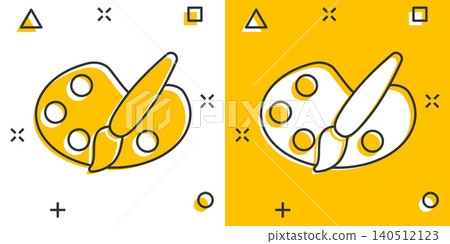 Paint brush icon in comic style. Palette cartoon vector illustration on white isolated background. Painter instrument splash effect business concept. Paint brush icon in comic style. Palette cartoon vector illustration on white isolated background. Painter instrument splash effect business concept. 140512123