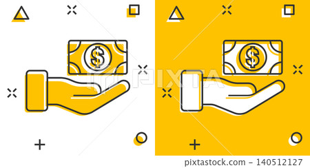 Remuneration icon in comic style. Money in hand cartoon vector illustration on white isolated background. Banknote payroll splash effect business concept. Remuneration icon in comic style. Money in hand cartoon vector illustration on white isolated background. Banknote payroll splash effect business concept. 140512127