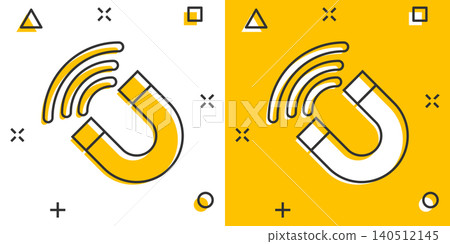 Magnet icon in comic style. Attract cartoon vector illustration on white isolated background. Electromagnetic splash effect business concept. 140512145