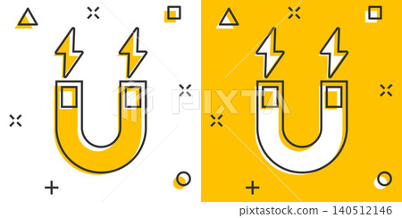 Magnet icon in comic style. Attract cartoon vector illustration on white isolated background. Electromagnetic splash effect business concept. Magnet icon in comic style. Attract cartoon vector illustration on white isolated background. Electromagnetic splash effect business concept. 140512146