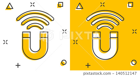 Magnet icon in comic style. Attract cartoon vector illustration on white isolated background. Electromagnetic splash effect business concept. Magnet icon in comic style. Attract cartoon vector illustration on white isolated background. Electromagnetic splash effect business concept. 140512147
